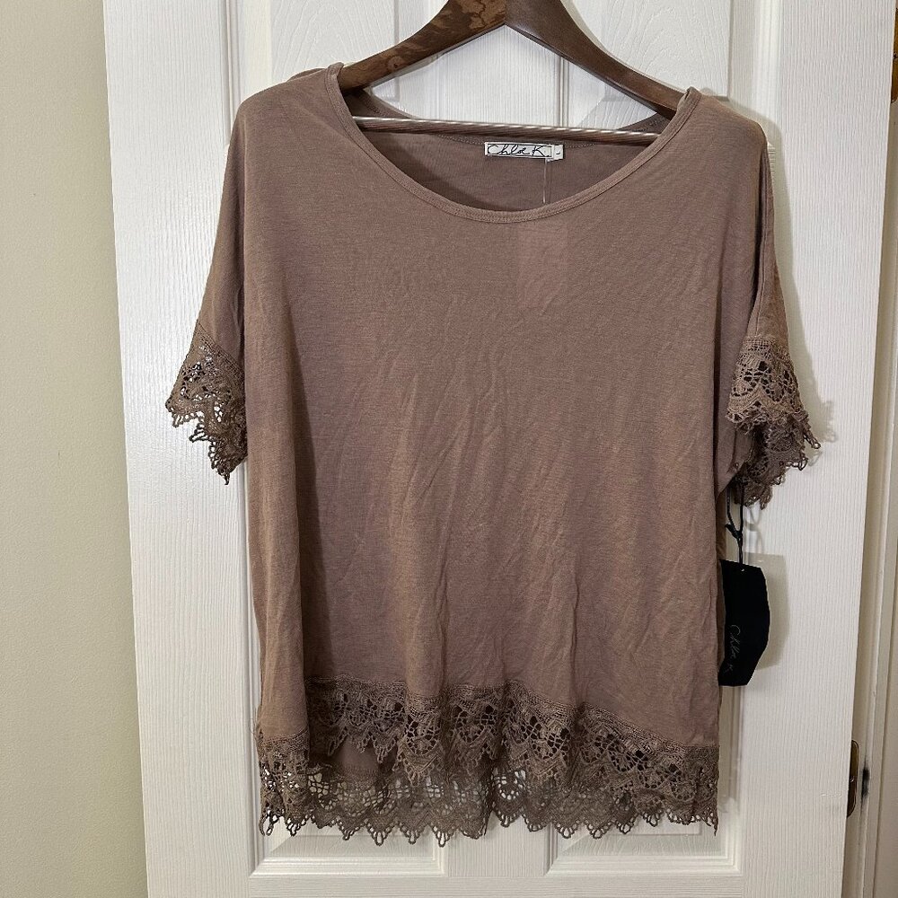 NWT: Brown/Tan Chloe K V Neck Shirt with Lace Detail on Sleeves & Hem - Size L